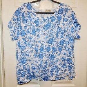 Bellambia Women's Linen Short Sleeve Top Size M White Blue Floral Pullover